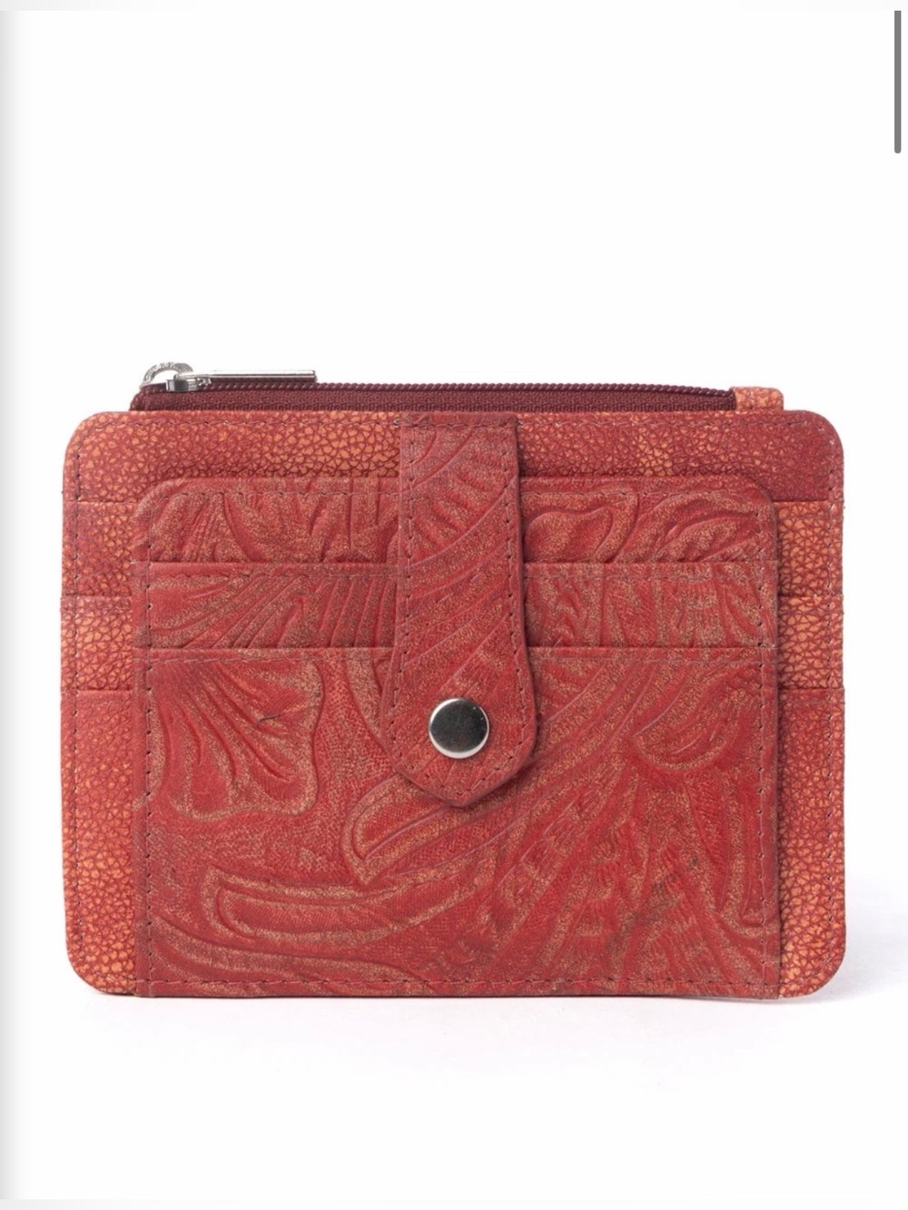 Western Credit Card Holder Tooled Leather Card Wallet Coral Red